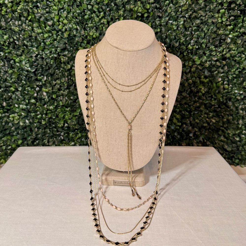 Stella & Dot Multi Layered Gold, Cream, and Black Bead Women's Necklace - Picture 2 of 4
